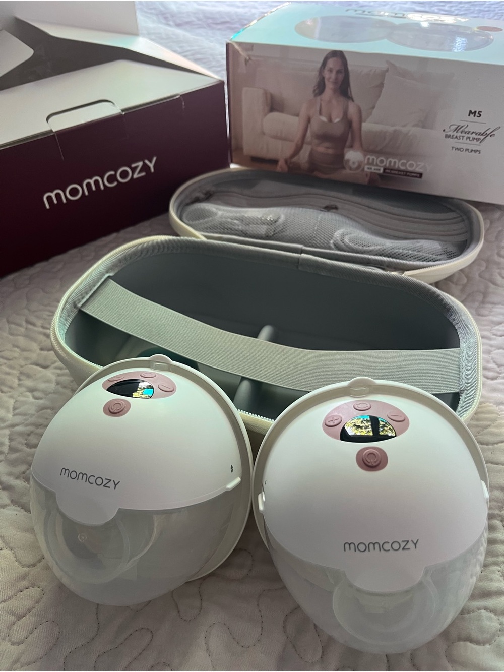 Momcozy M5 Wearable Double Electric Breast Pump - White & Pink Accents